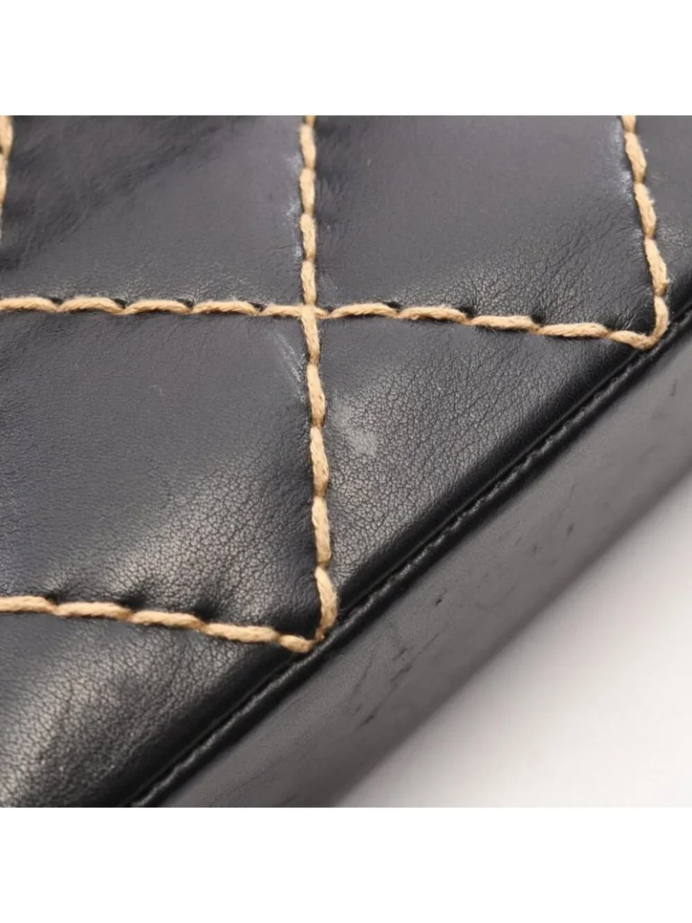 Chanel Shoulder Bag Wild Stitch Black Beige Lambskin Chain